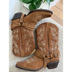 LAMAS Chaparral Western Boots Women 9 Tan Leather Harness Square Toe Embroidered